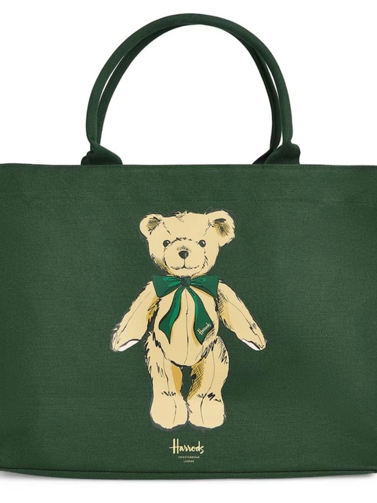 Harrods Handbags - Harrods Green Canvas Tote with Teddy Bear Print